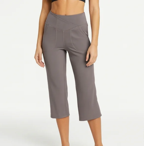 🌟7/25$ MOVE THEOLOGY Ribbed Crossover Waist Mid Rise Flare Yoga Capri - Picture 2 of 6